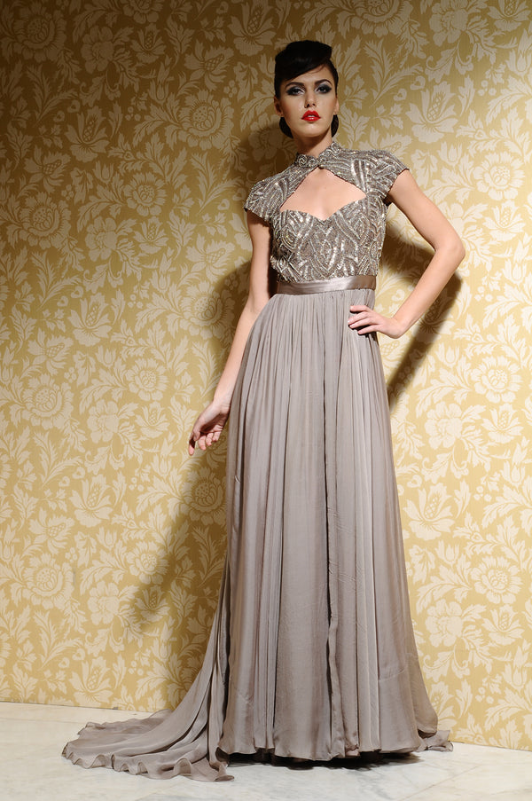 Amara' Dove Grey Gown With Embroidered Bodice - Exquisite Handcrafted Fashion | AmitGT Couture