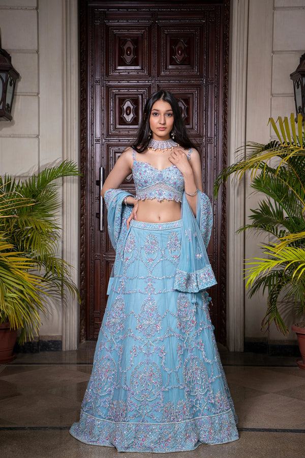 Light Blue Fully Hand Embroidered Lehenga -Exquisite Ethnic Wear | AmitGT Couture