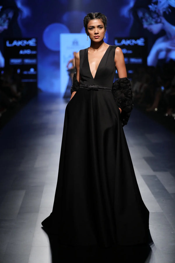 Black Ball Gown with  Belt - Perfect for Formal Occasions | AmitGT Couture