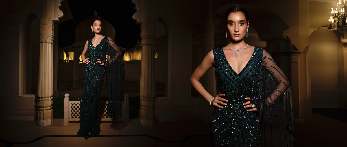 A Symphony of Elegance: Amit GT's Designer Saree Gowns