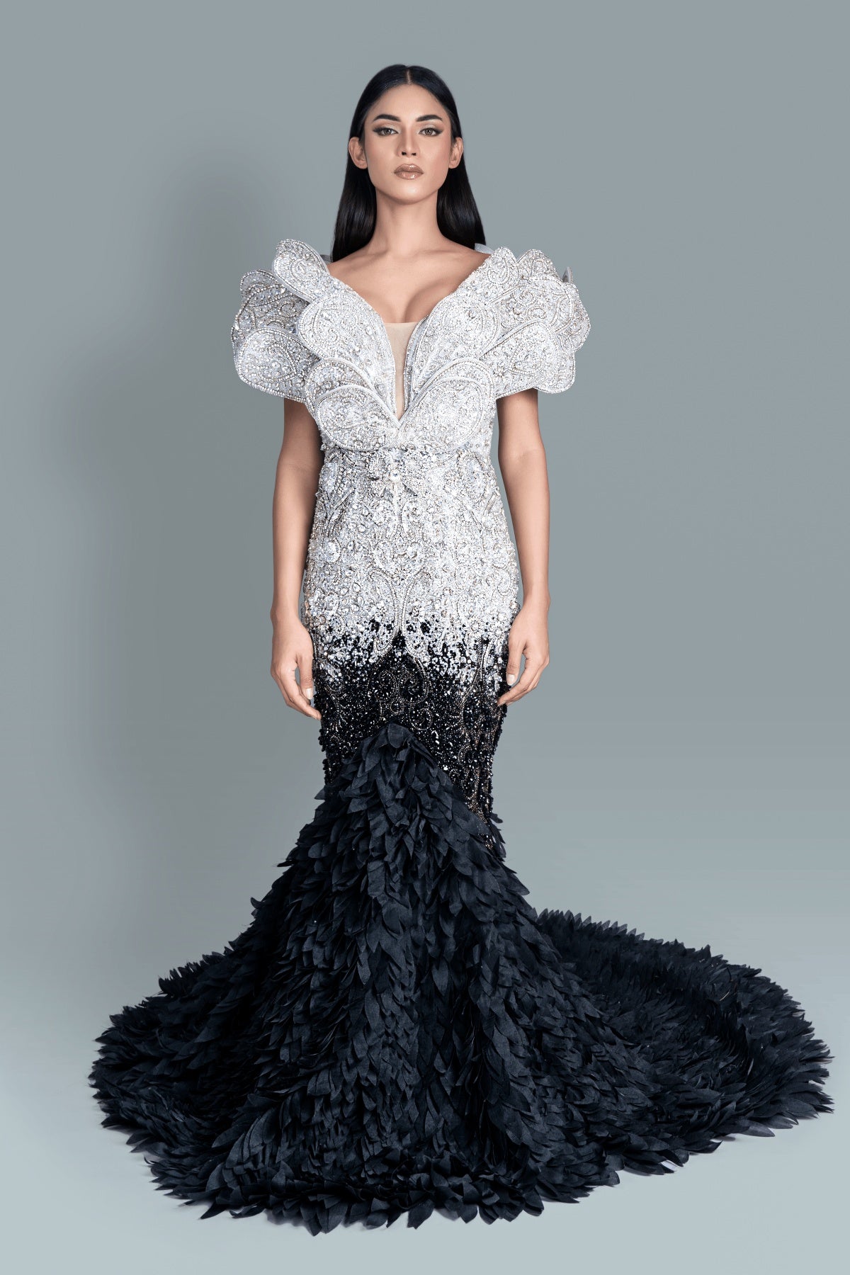 Fishcut gown full of intricate crystals and Swarovski stones - Front