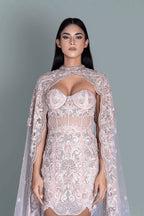 Gown with a dramatic cape and intricate embroidery in a beautiful pattern - Front