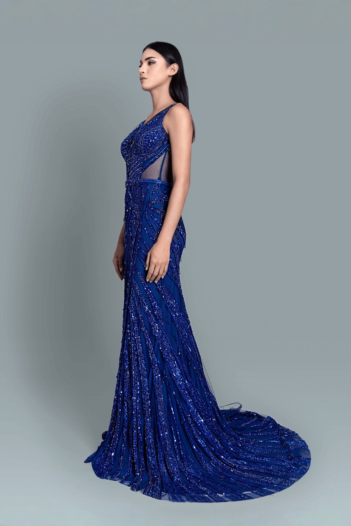 Deep plunging crystal-embellished shimmer gown - Side