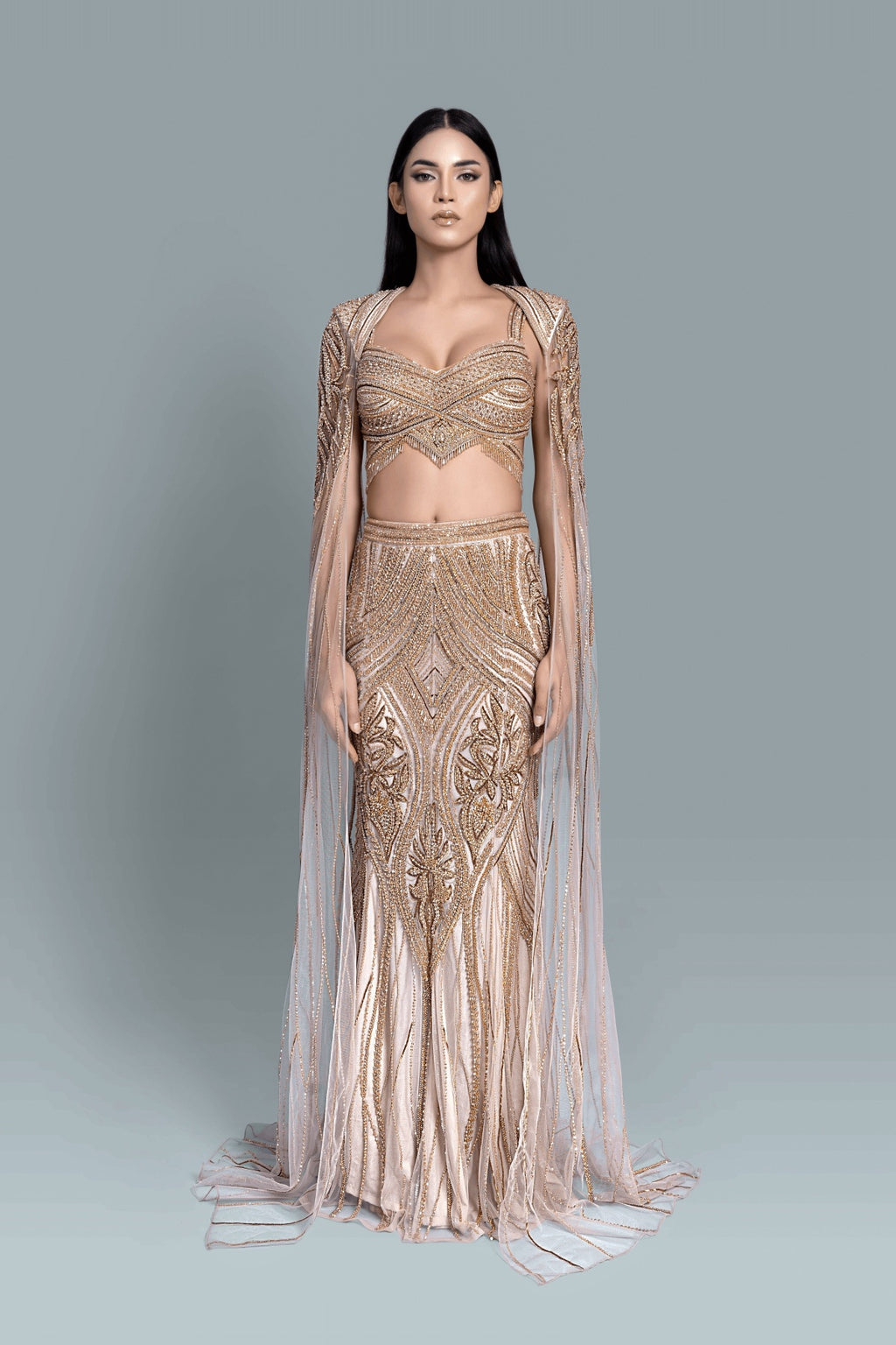 Gown with a dramatic cape and intricate embroidery in a beautiful pattern - Front