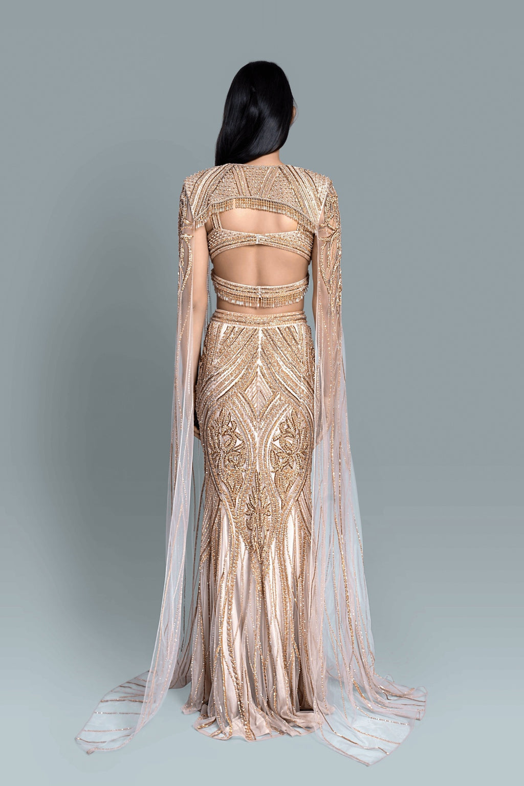 Gown with a dramatic cape and intricate embroidery in a beautiful pattern - Back