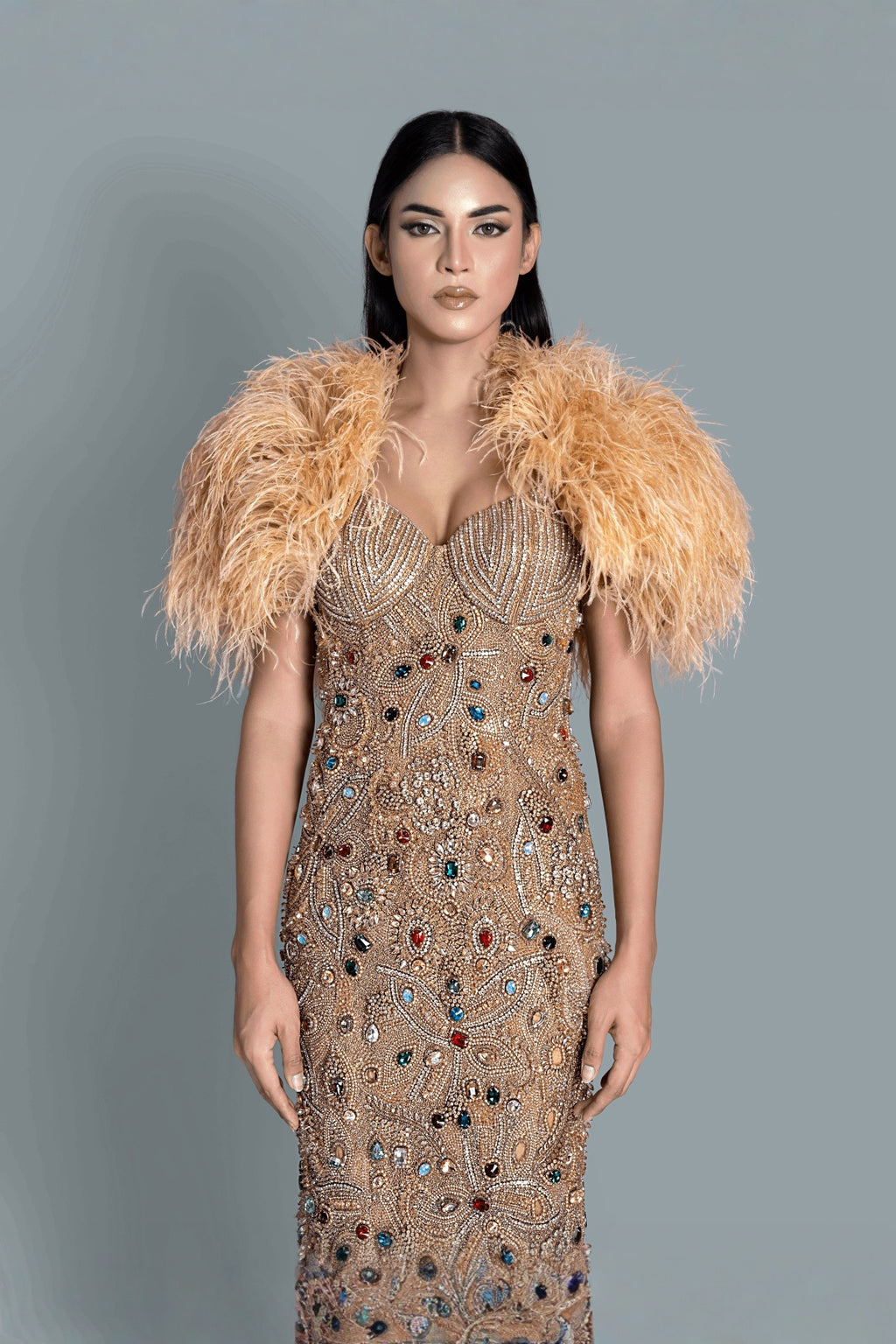 Gold embroidered heavy gown - Front