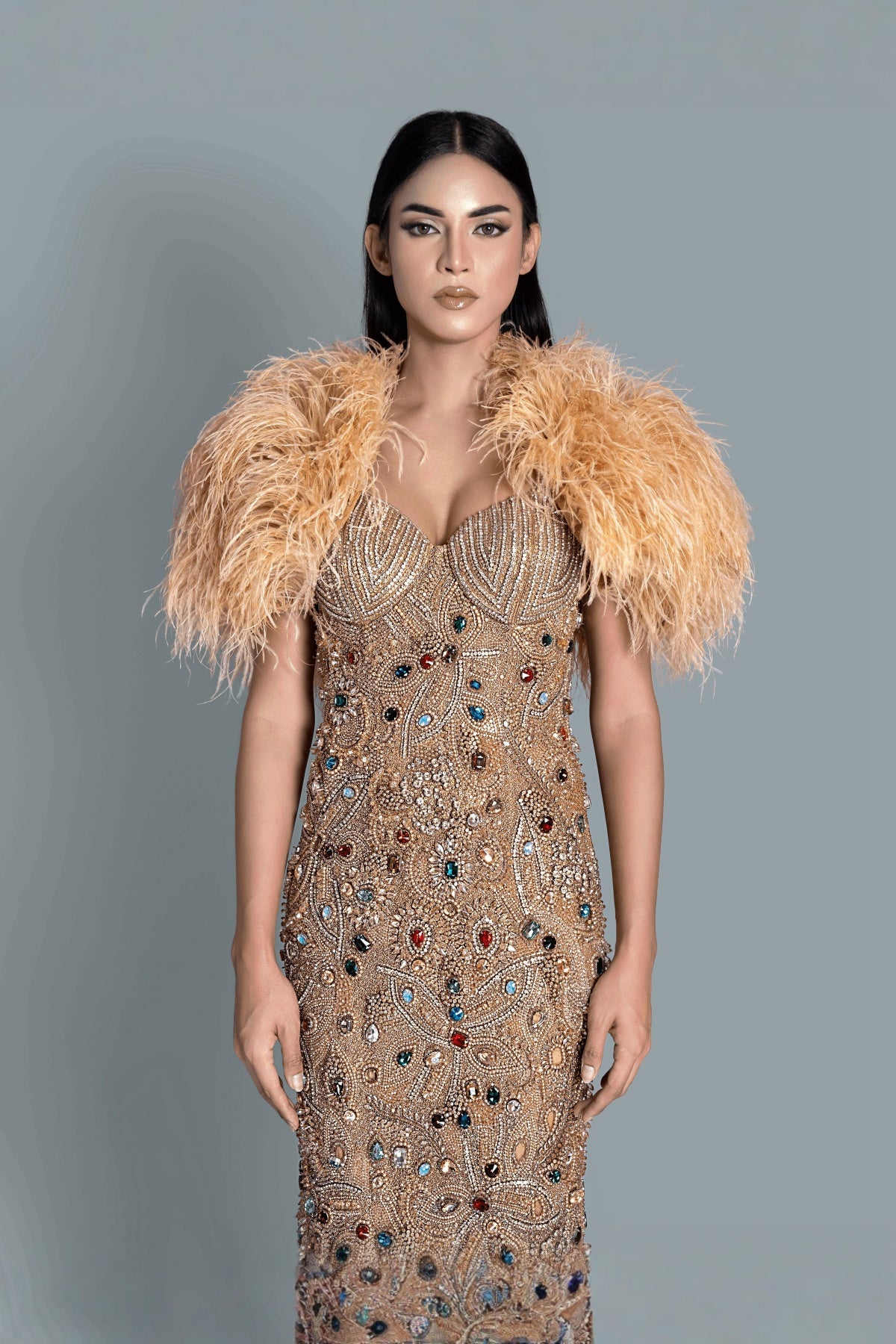 Gold embroidered heavy gown - Front