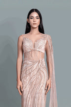Saree gown with a drama of illusion in intricate embroidery - Close-up