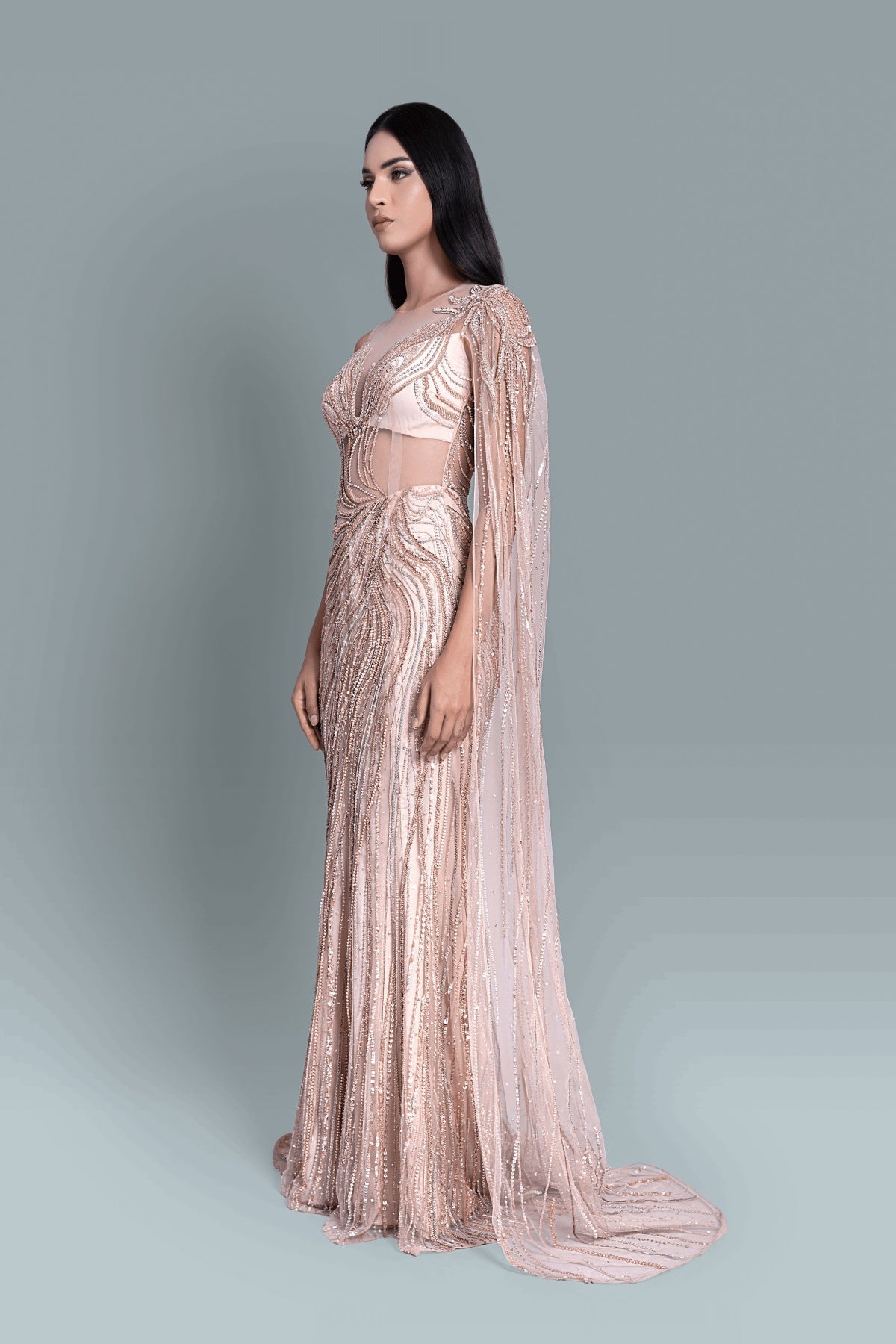 Saree gown with a drama of illusion in intricate embroidery - Side