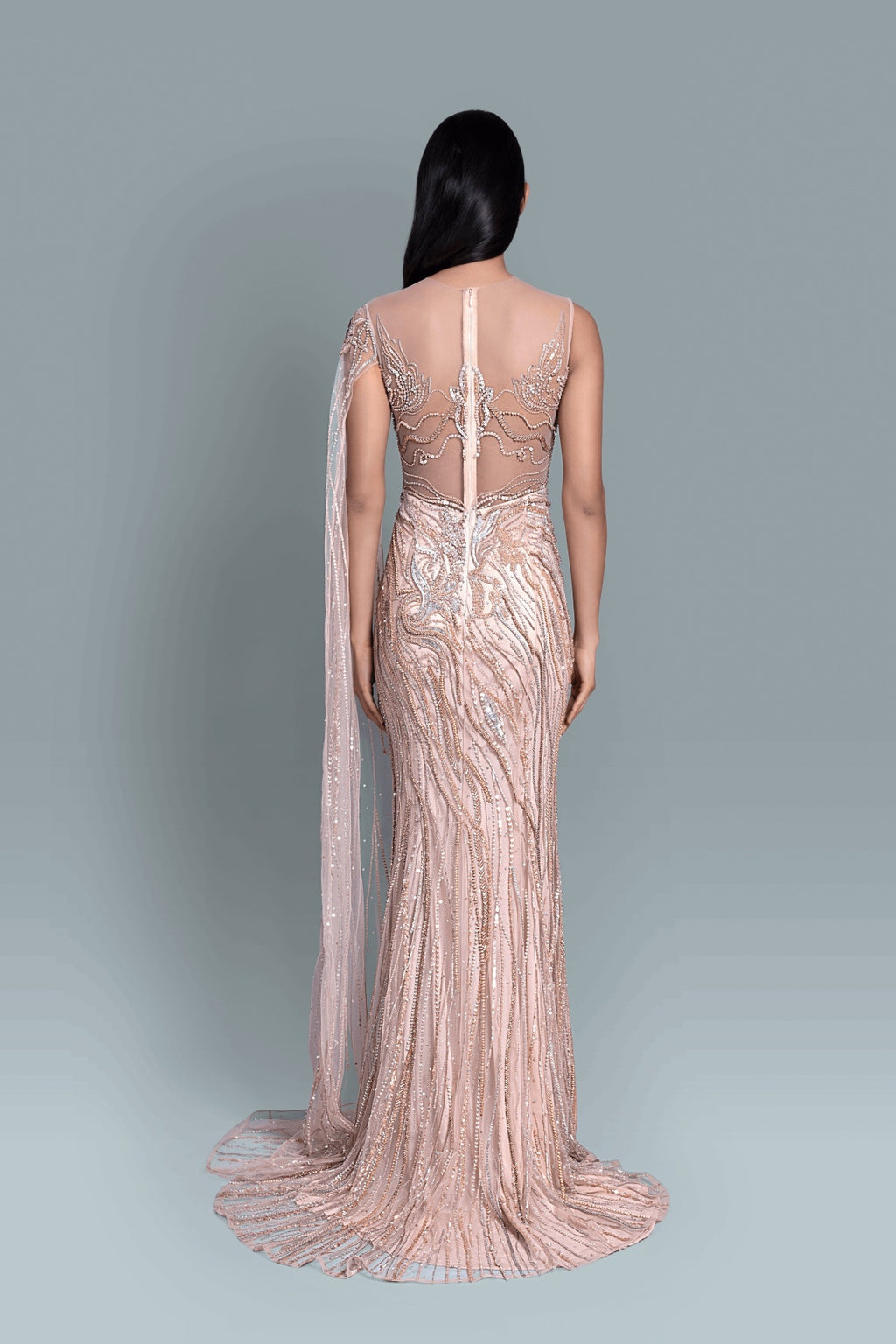 Saree gown with a drama of illusion in intricate embroidery - Back