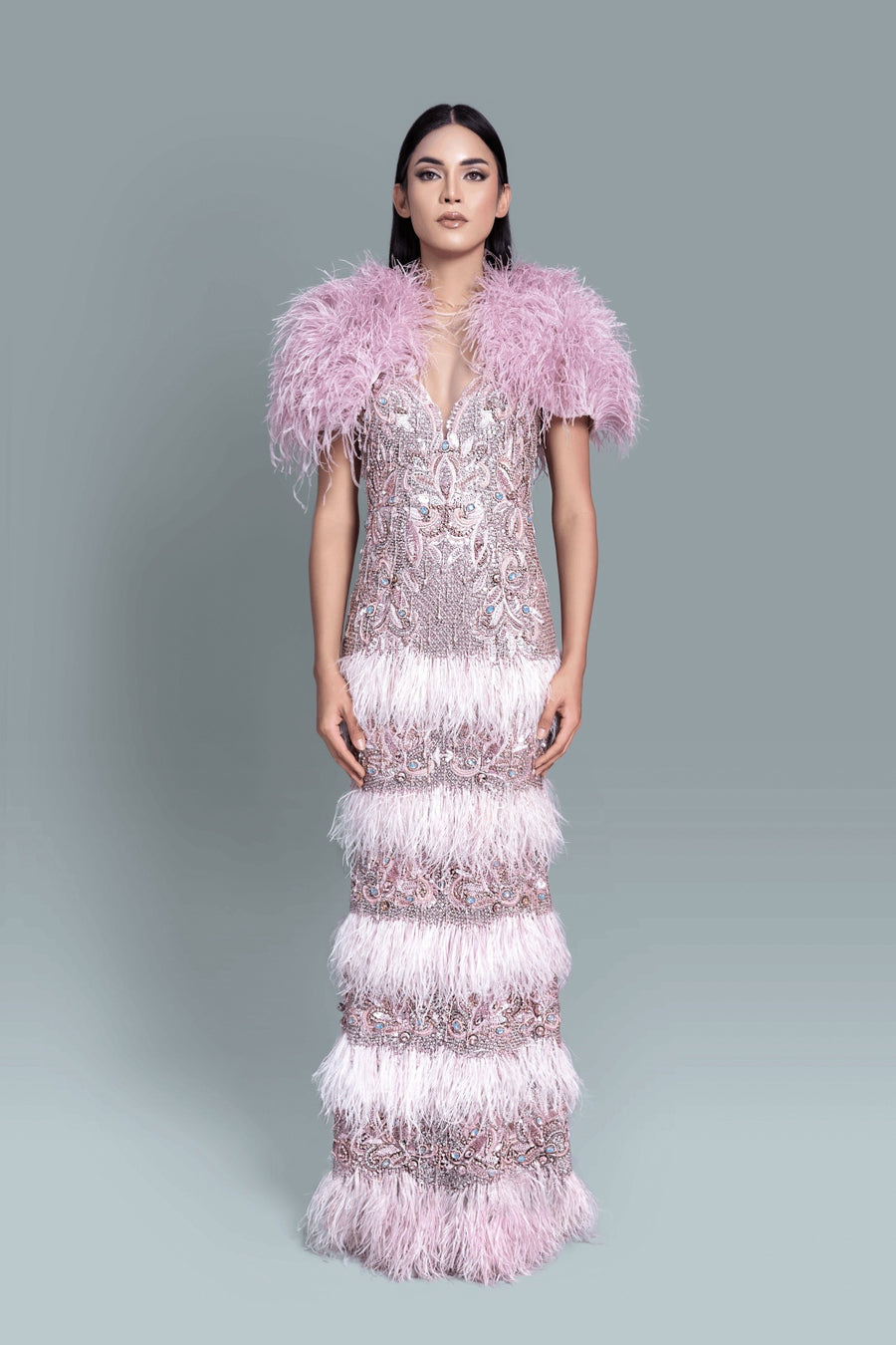 Feather embroidery gown