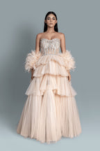 Gown with intricate embroidery with crystals and clip stones, with 4 layers of net for a high-volume fantasy gown - Front