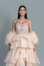 Gown with intricate embroidery with crystals and clip stones, with 4 layers of net for a high-volume fantasy gown - Close-up