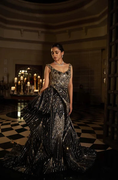 "Noir Scintilla Gown: Luxurious Evening Wear by Amit GT Couture"