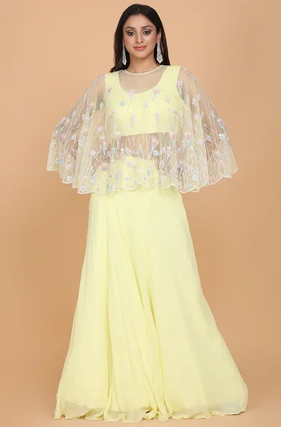 Floral Embroidered Cape With Lehnga Skirt