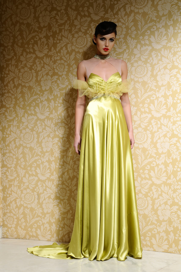 Angelina' Chartreuse Satin Gown | AmitGT Couture