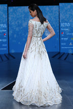 Carmen White Golden Vector Leaf Motif Cocktail Ball Gown  | AmitGT Couture