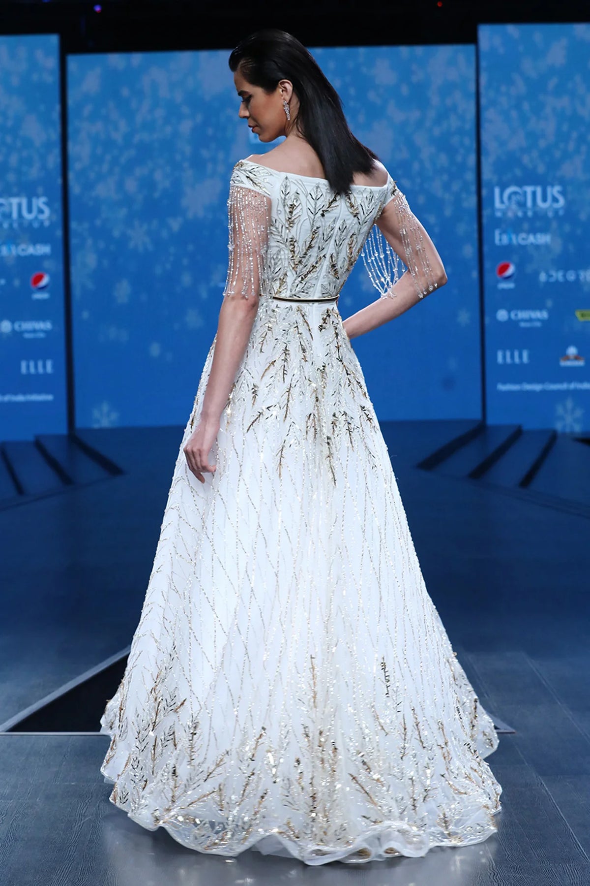 Carmen White Golden Vector Leaf Motif Cocktail Ball Gown  | AmitGT Couture