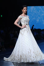 Carmen White Golden Vector Leaf Motif Cocktail Ball Gown  | AmitGT Couture
