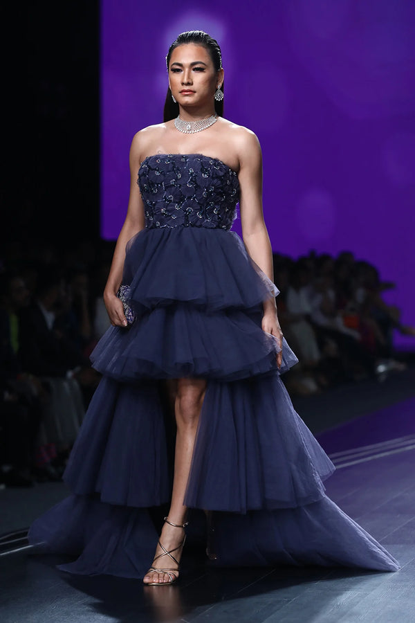 Midnight Blue Tier Draped Fan Pleat Embroidered Ball Gown | AmitGT Couture