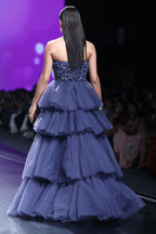 Midnight Blue Tier Draped Fan Pleat Embroidered Ball Gown | AmitGT Couture
