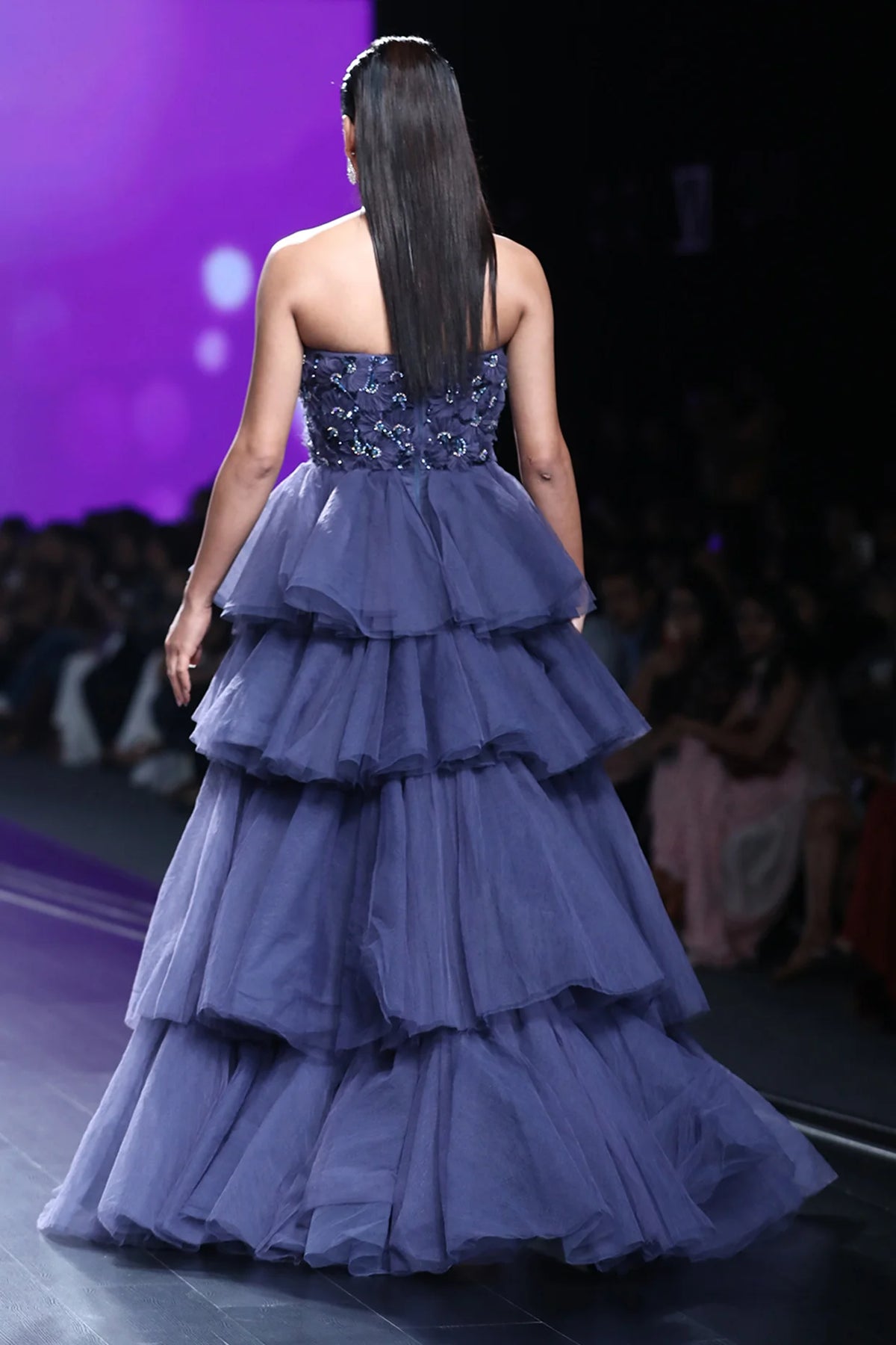 Midnight Blue Tier Draped Fan Pleat Embroidered Ball Gown | AmitGT Couture
