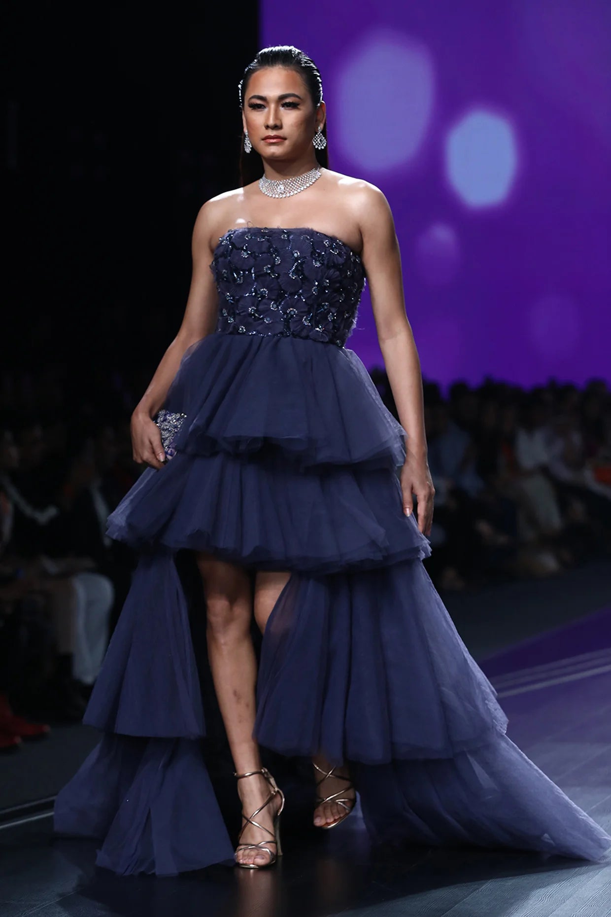 Midnight Blue Tier Draped Fan Pleat Embroidered Ball Gown