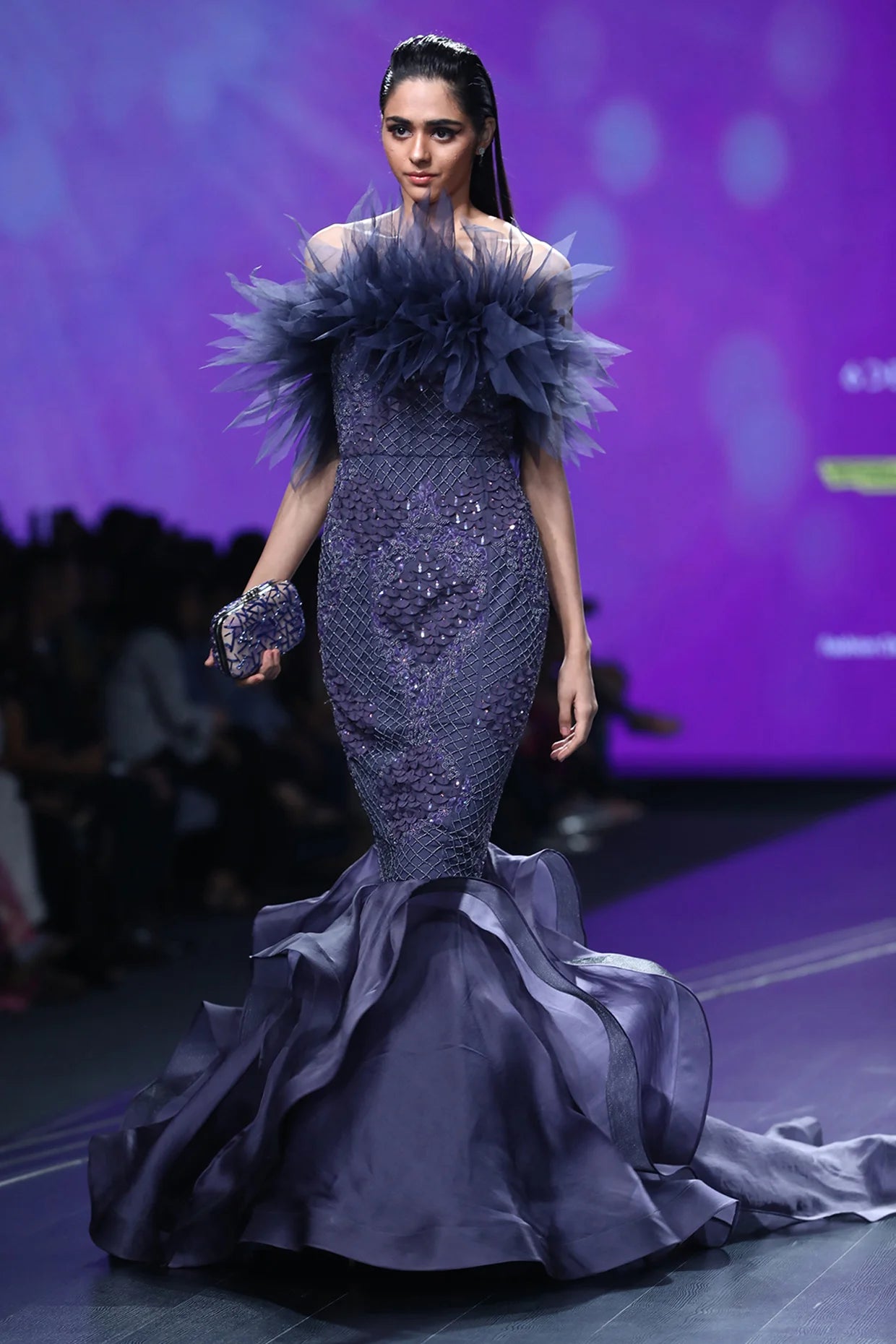 Tanzanite Crystal Ruffle Mermaid Gown With Applique 3 D Embroidery
