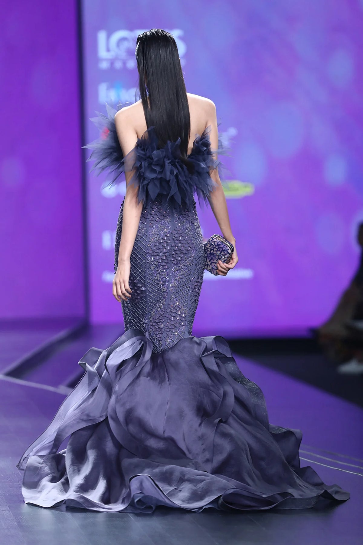 Tanzanite Crystal Ruffle Mermaid Gown With Applique 3 D Embroidery