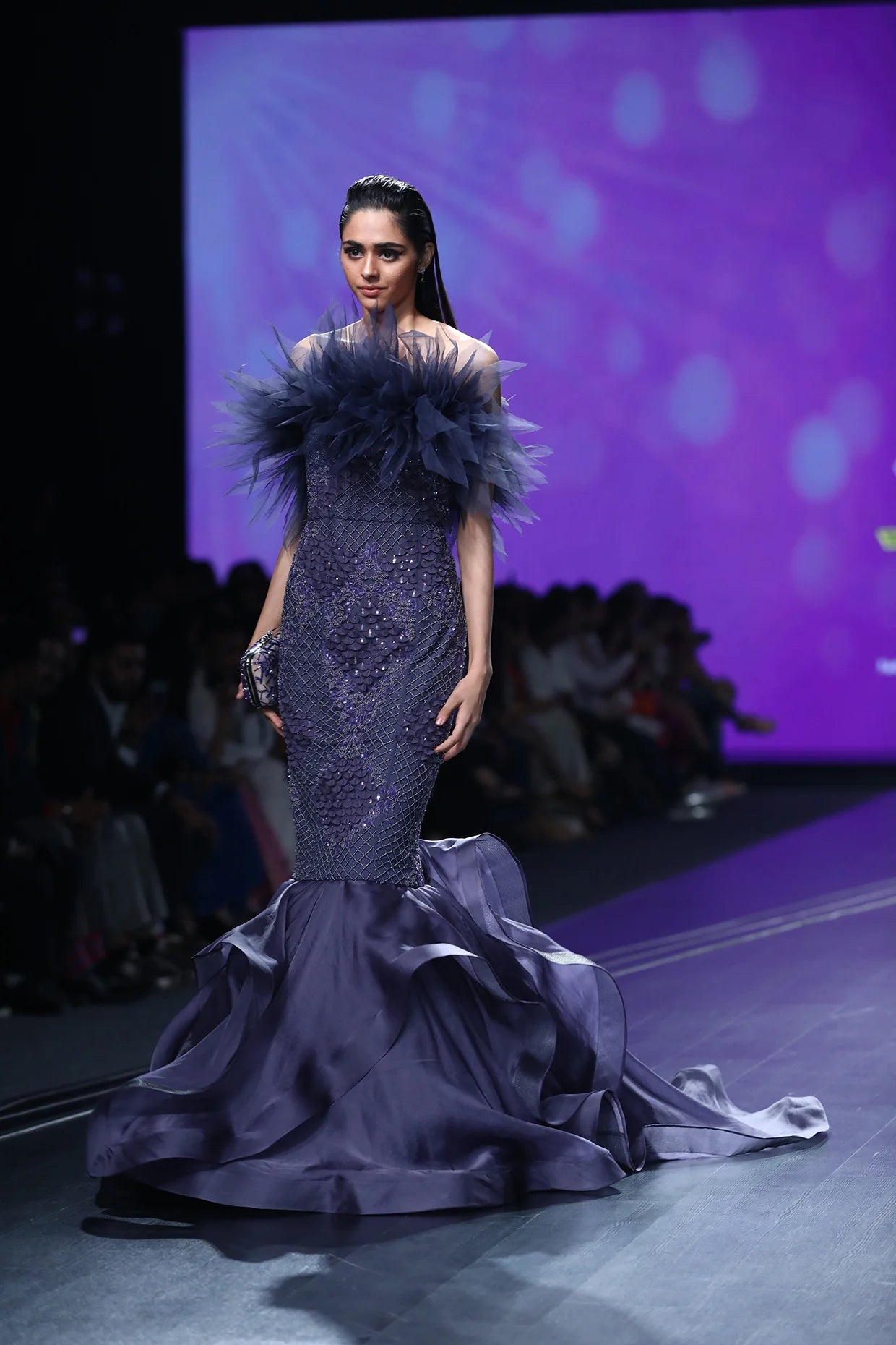 Tanzanite Crystal Ruffle Mermaid Gown With Applique 3 D Embroidery