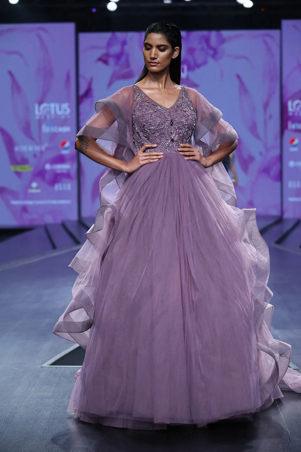 Lavender Applique Motif Layered and Ruffled Ball Gown | AmitGT Couture