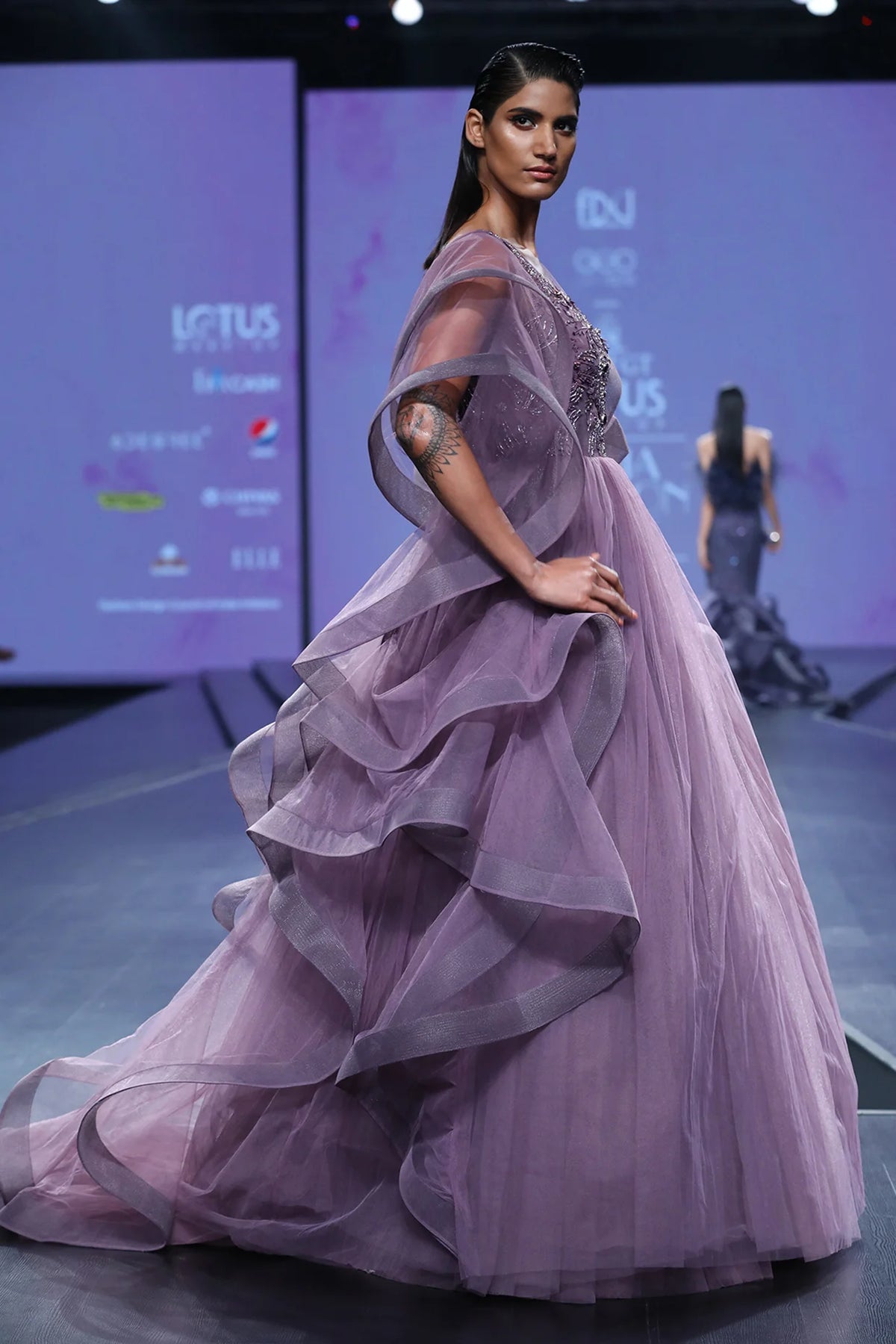 Lavender Applique Motif Layered And Ruffled Ball Gown