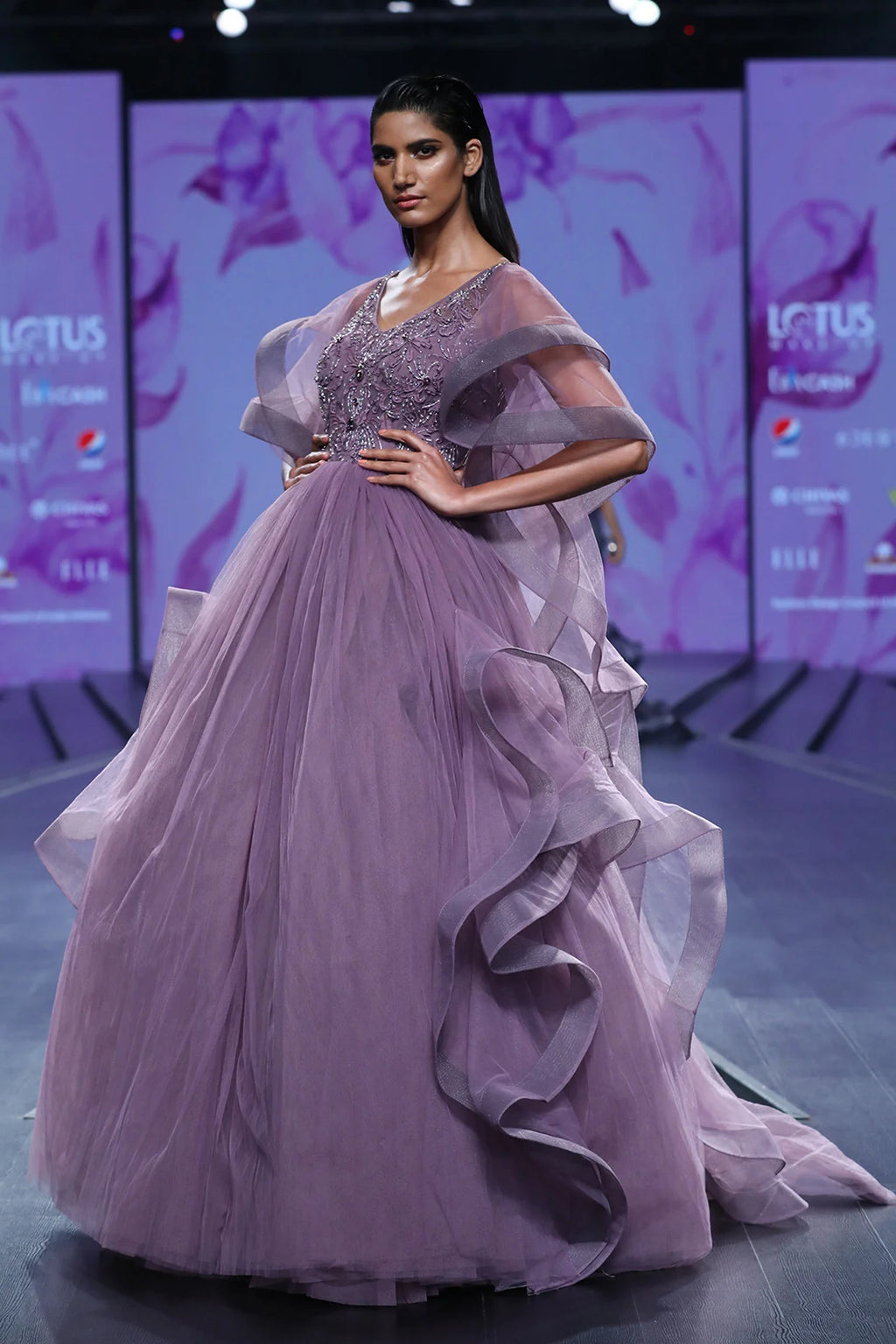 Lavender Applique Motif Layered And Ruffled Ball Gown