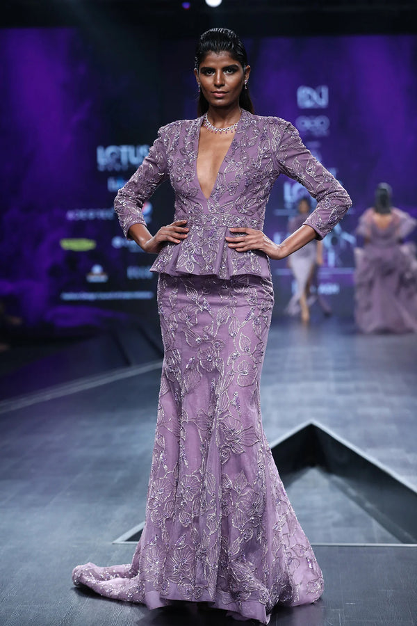 Lavender Coat Gown With All Over Hand Embroidered Leafs  | AmitGT Couture