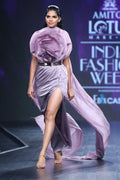 Lavender Satin Pillar Gown With Organza Floral Drape And Cape | AmitGT Couture