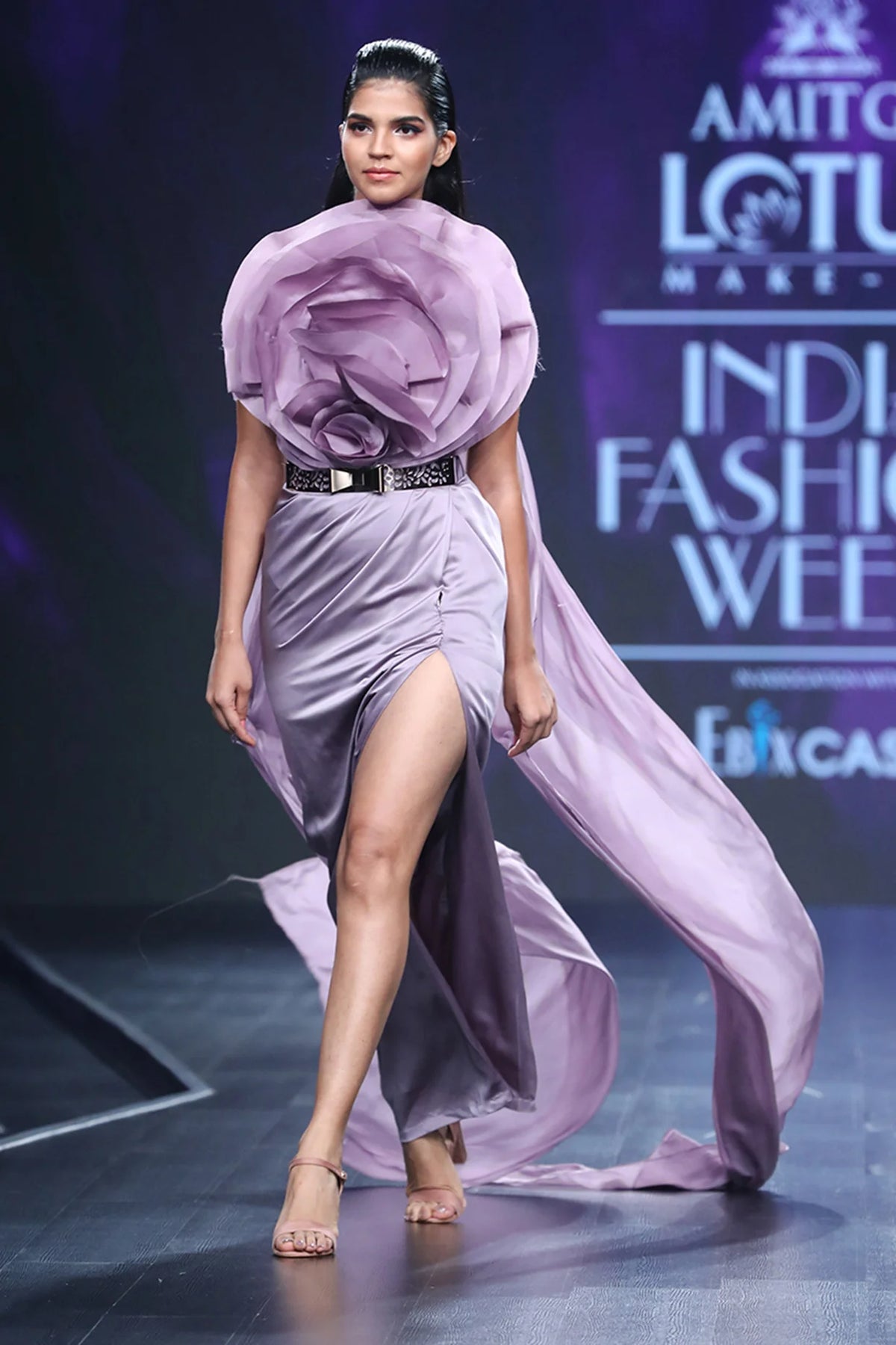 Lavender Satin Pillar Gown With Organza Floral Drape And Cape | AmitGT Couture