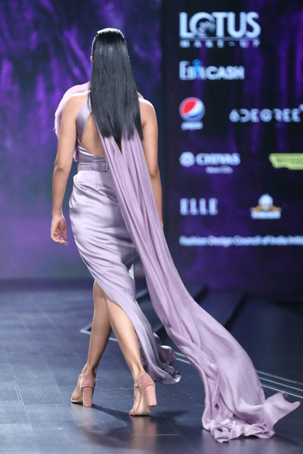 Lavender Satin Pillar Gown With Organza Floral Drape And Cape
