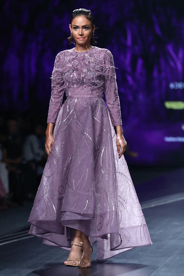 Lavender Bird Motif High Low Dress | AmitGT Couture