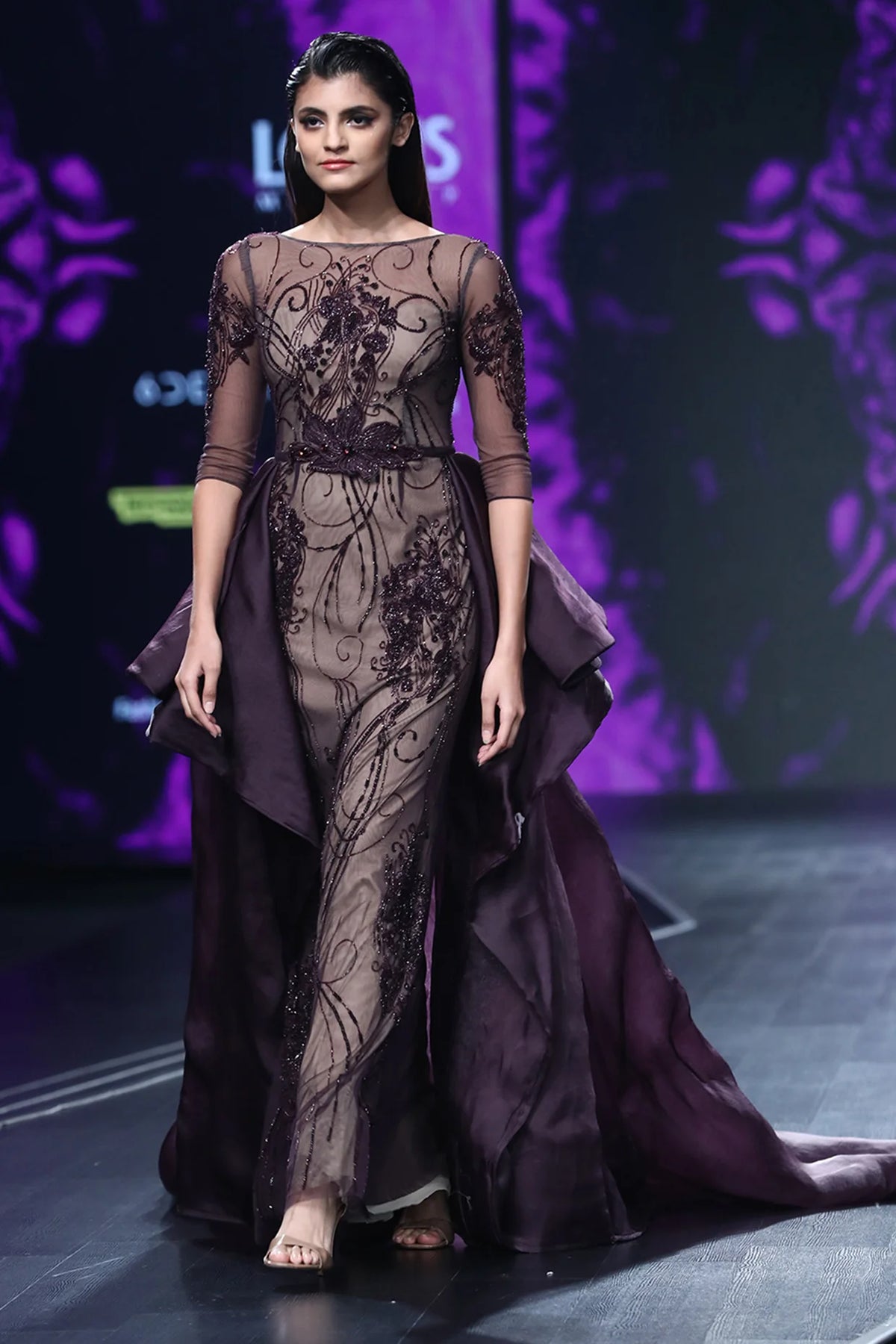 Bordeau Gown With Bird Motif All Over And Tierd Draped Train  | AmitGT Couture