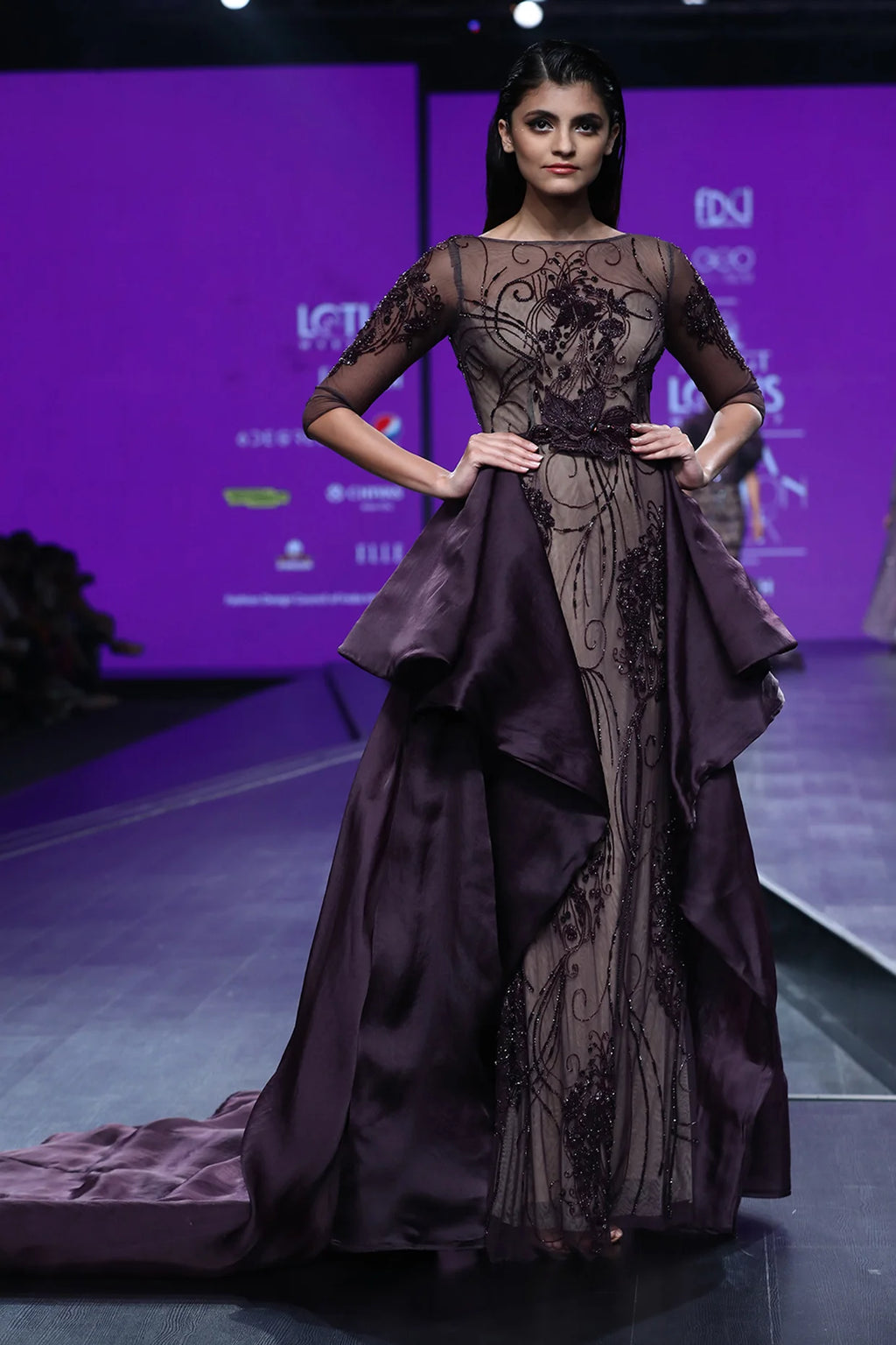 Bordeau Gown With Bird Motif All Over And Tierd Draped Train
