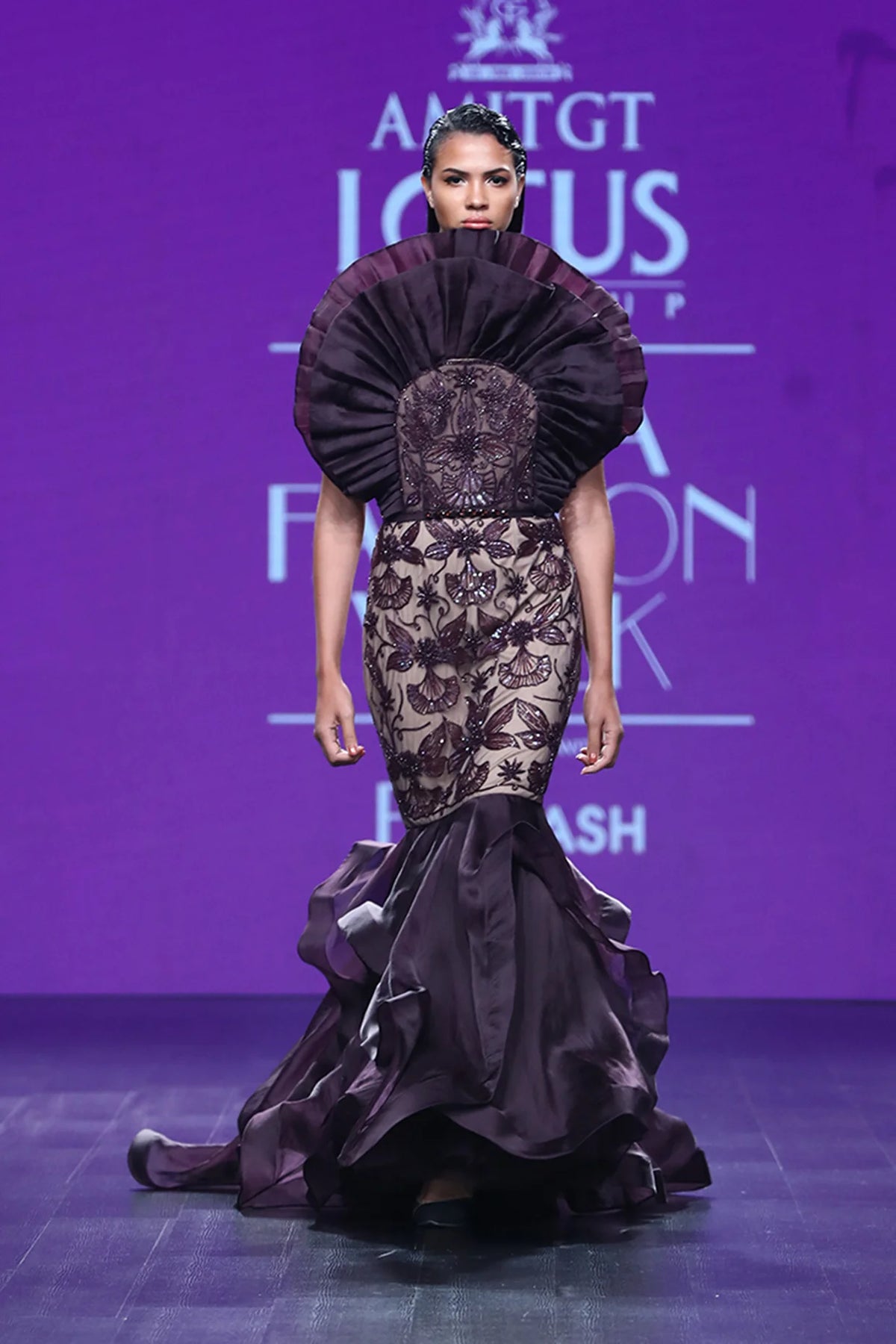 Bordeau Fan Pleated Mermaid Gown- Luxury Fashion | AmitGT Couture