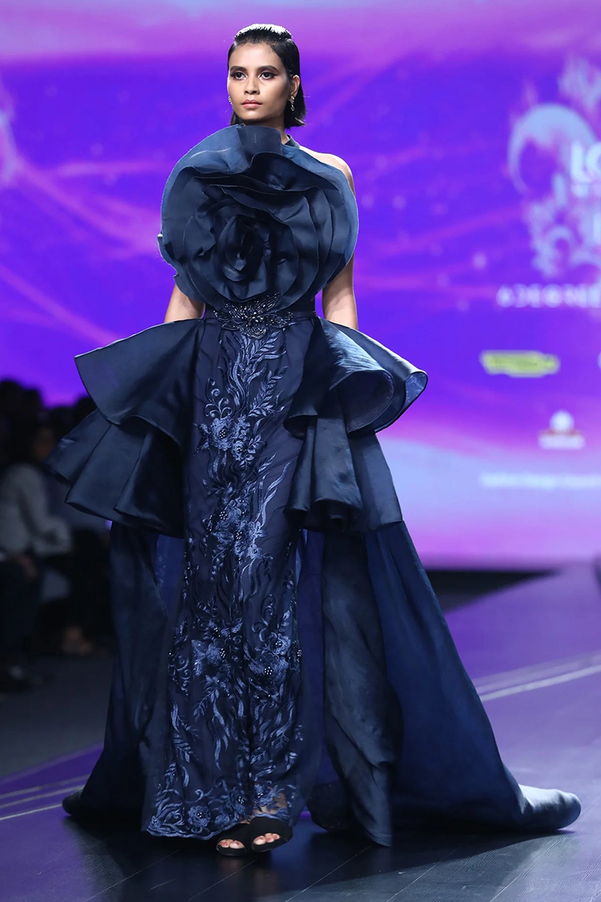 Unleash Your Elegance with the Midnight Blue Rose Draped Lace Gown | AmitGT Couture