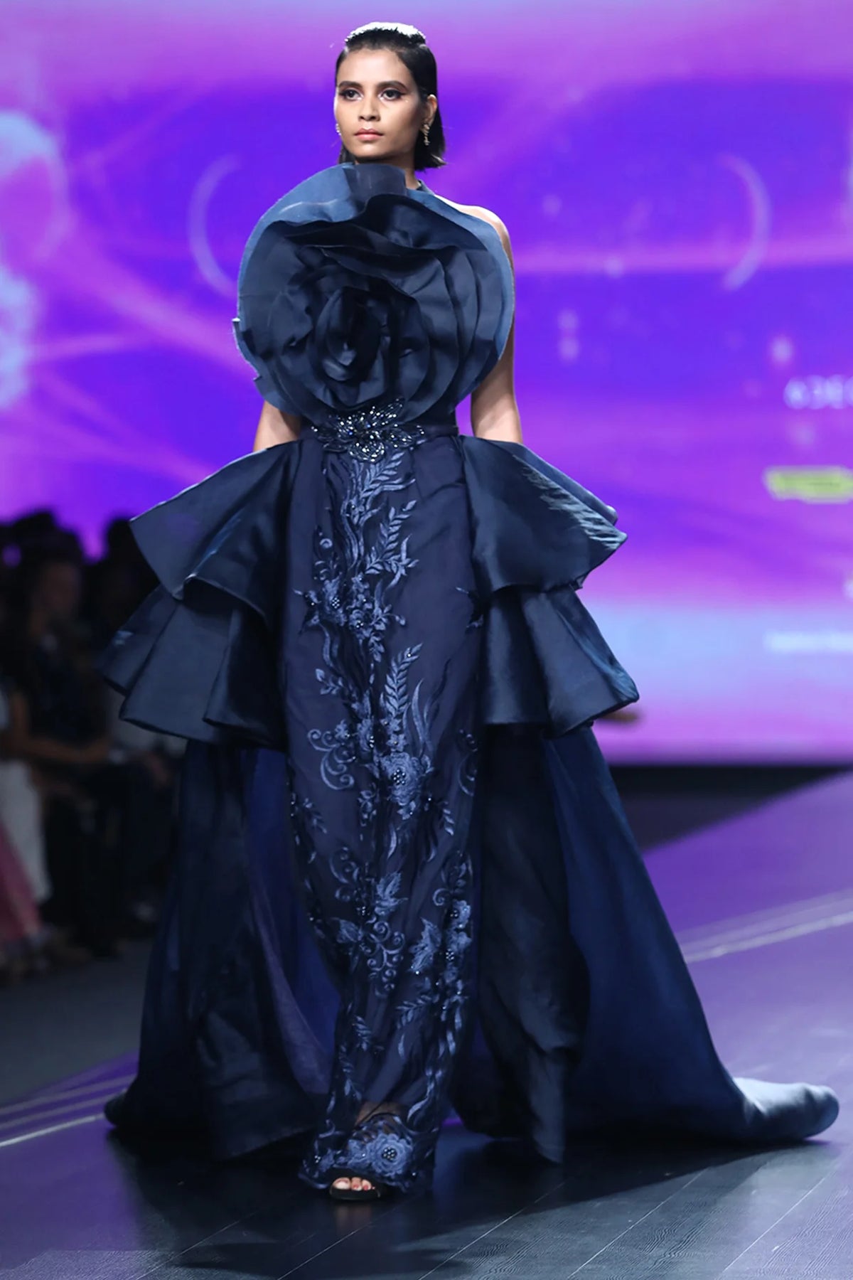 Unleash Your Elegance With The Midnight Blue Rose Draped Lace Gown