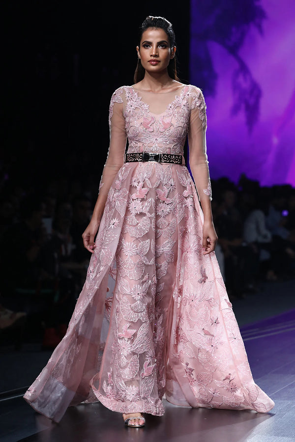 Pink Bird And Carla Lily Motif Fully Hand Beaded Gown | AmitGT Couture