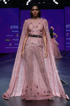 Light Pink Cape Gown With Foiled Flowers- Elegant and Feminine Fashion | AmitGT Couture