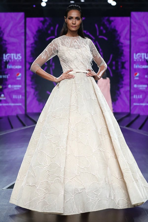 Beige Ball Gown With Carla Lily Motif - Elegant and Chic | AmitGT Couture
