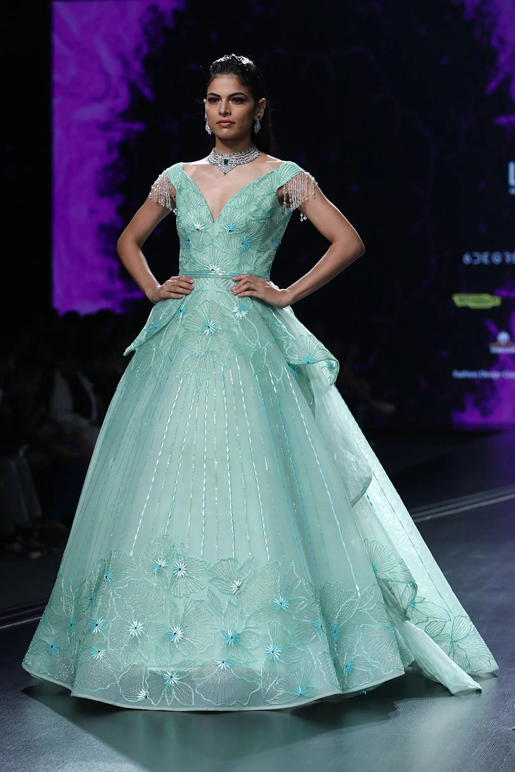 Seagreen Tiered Draped Ball Gown With Carla Lily Motif | AmitGT Couture