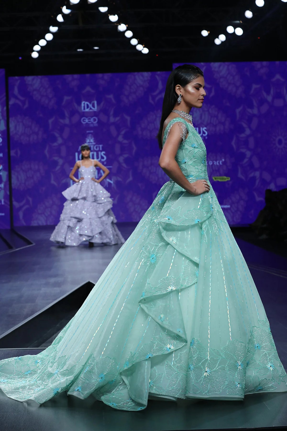 Seagreen Tiered Draped Ball Gown With Carla Lily Motif