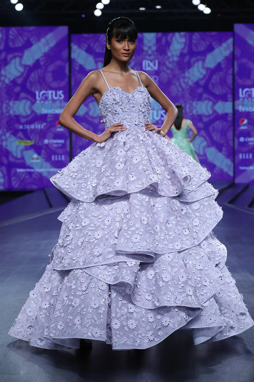 Mauve Tiered Gown With 3d Flower Applique Embroidery  | AmitGT Couture