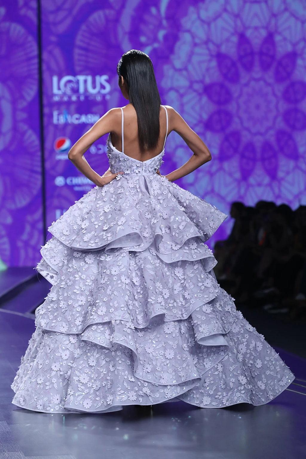Mauve Tiered Gown With 3D Flower Applique Embroidery